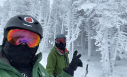 Skiers on frozen Summit of Stratton Mountain